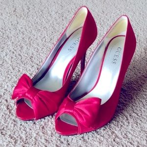 Guess Red Satin Stilettos Pumps Heels Peep Toes